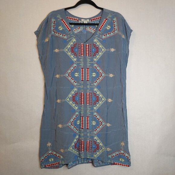 Sundance Mini Shift Dress Women L Aztec Embroidered Chiffon Blue Cap Sleeve Boho - Picture 1 of 15